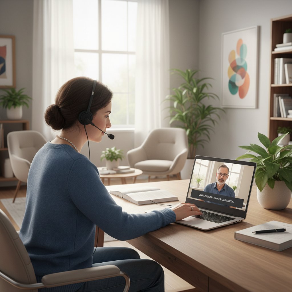 Psychoterapeuta w gabinecie rozmawiający z pacjentem, alternatywnie: konsultacja online przez laptop