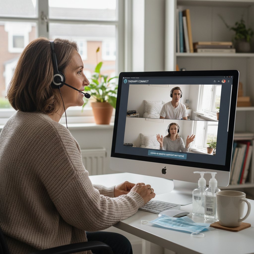 Terapeuta prowadzący sesję online przez komputer – rewolucja technologiczna w psychoterapii