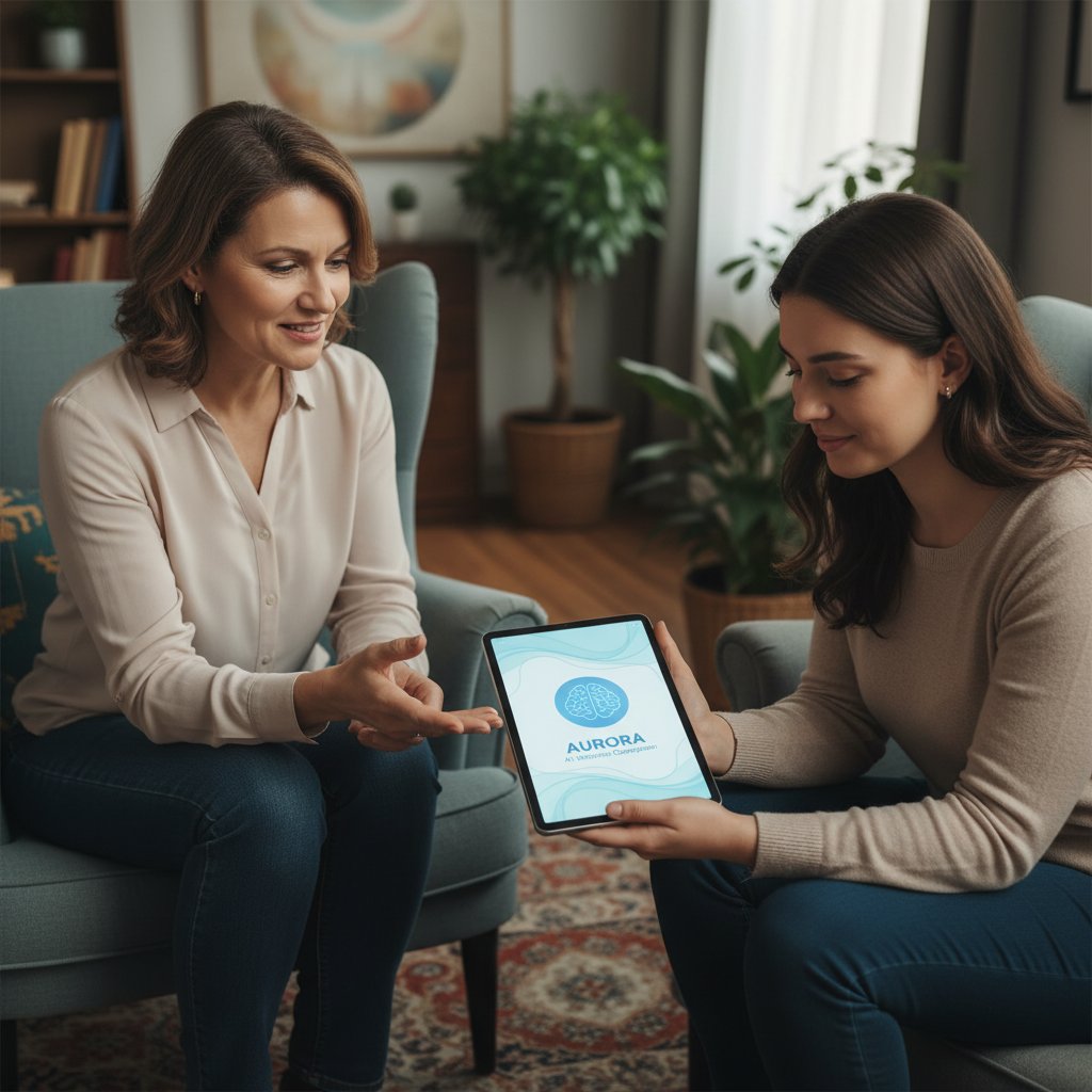 Psychoterapeuta rozmawiający z pacjentem obok osoby korzystającej z aplikacji AI – dwa światy wsparcia