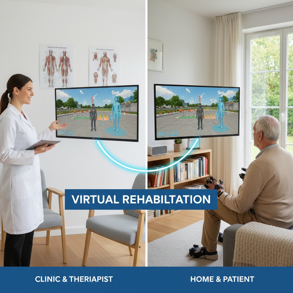 Terapeuta i pacjent w gabinecie kontra pacjent ćwiczący z awatarem