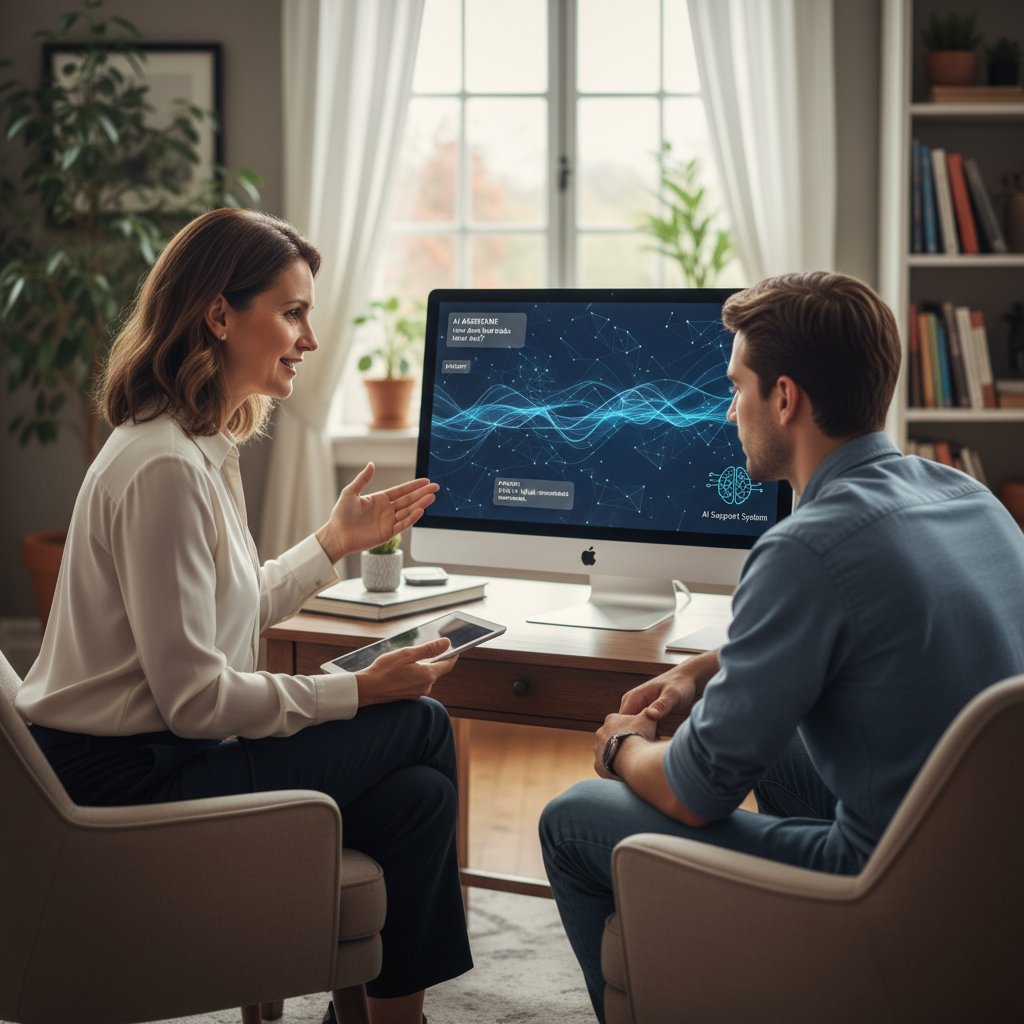 Psychoterapeuta i pacjent rozmawiający poprzez ekran komputera, AI jako wsparcie