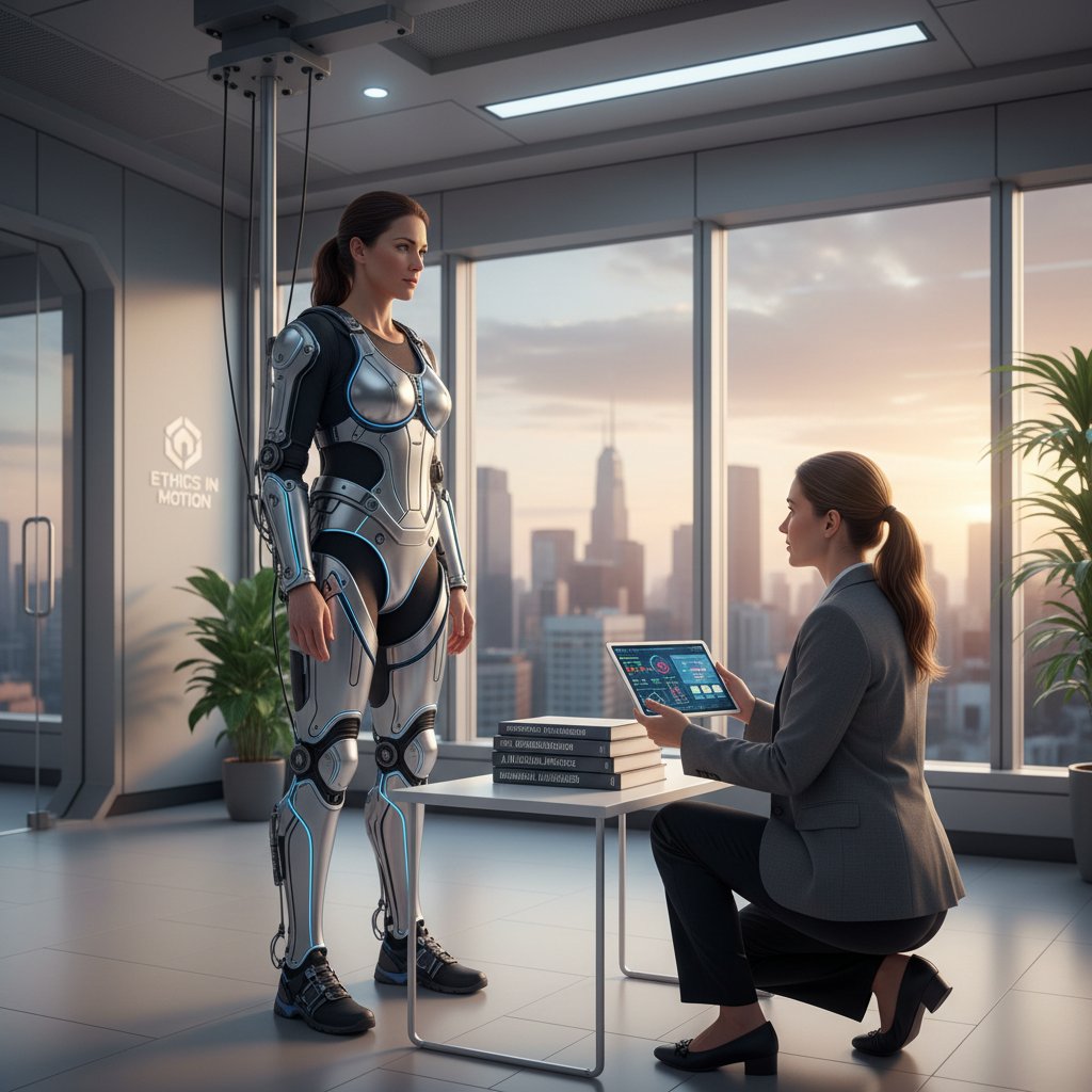 Fizjoterapeuta rozmawia z pacjentem w egzoszkielecie, refleksja o etyce i granicach technologii