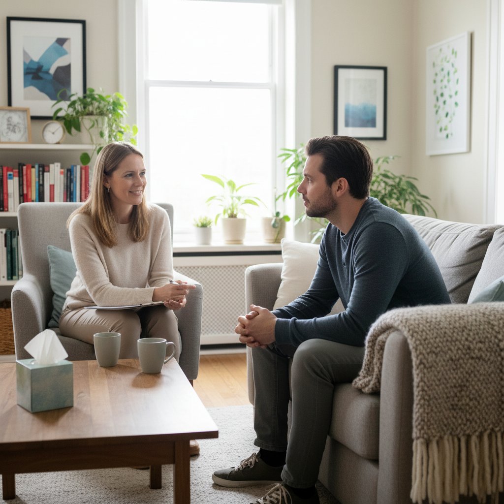 Psychoterapeuta i pacjent podczas sesji, atmosfera wsparcia i zaufania – ilustracja skutecznego leczenia