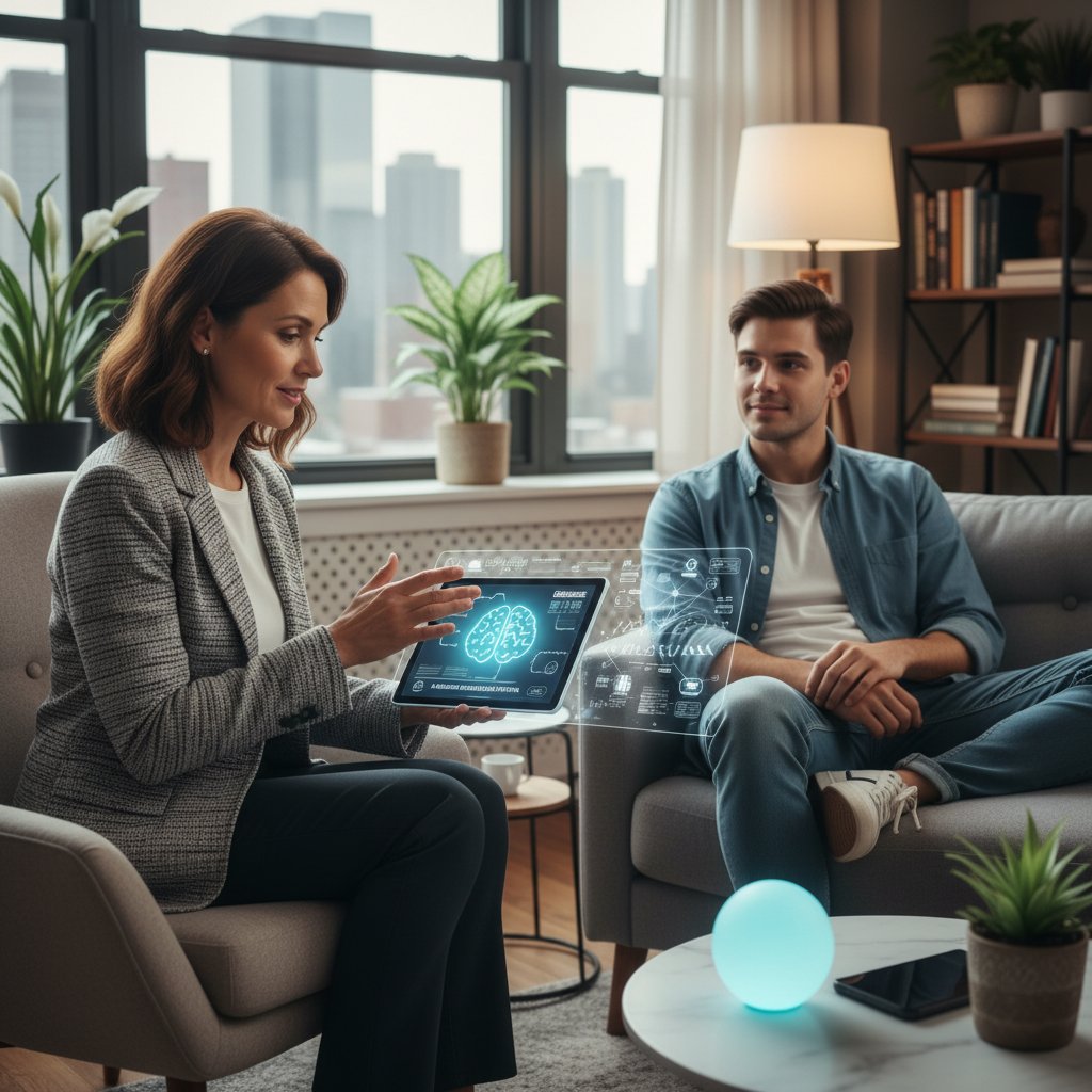 Terapeuta i pacjent podczas sesji, na stole tablet z otwartą aplikacją AI wsparcia emocjonalnego