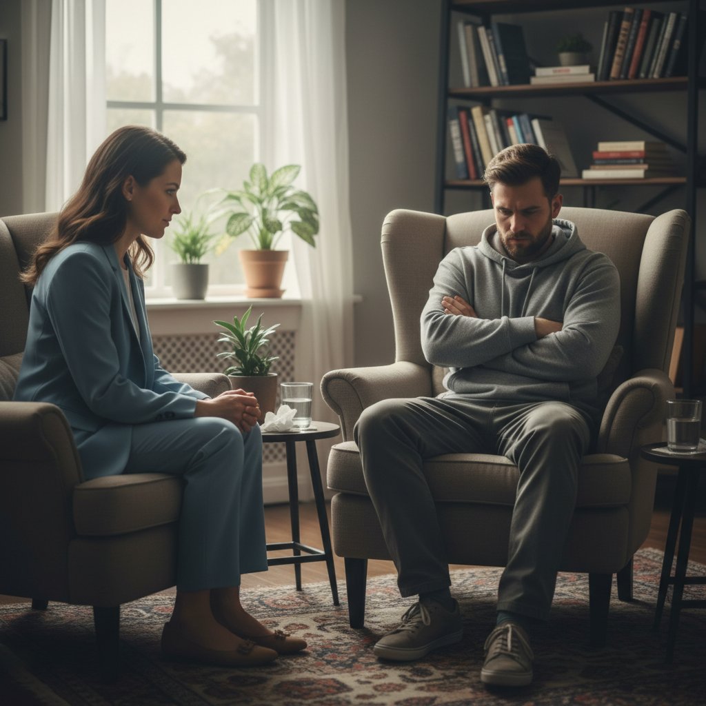 Terapeuta i pacjent w gabinecie, wyczuwalne napięcie – ilustracja różnych form oporu