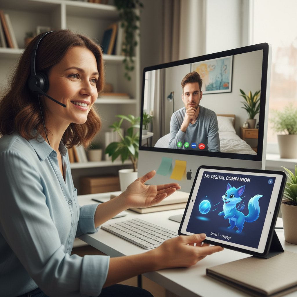 Terapeutka i pacjent korzystają z aplikacji z wirtualnym psem podczas sesji terapeutycznej