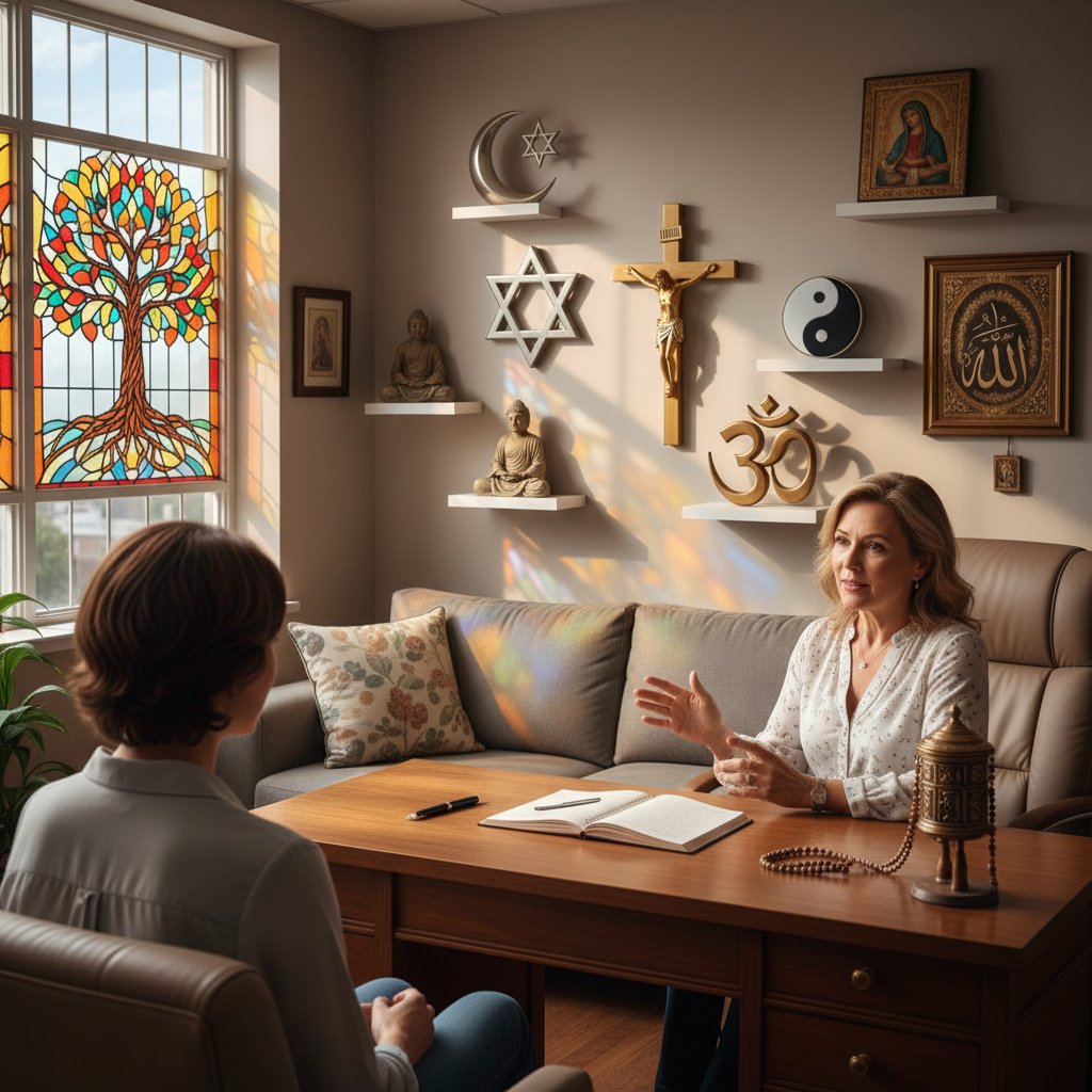 Zdjęcie: Terapeuta notujący coś na tle subtelnych symboli religijnych, ilustrujące temat tabu religii podczas sesji