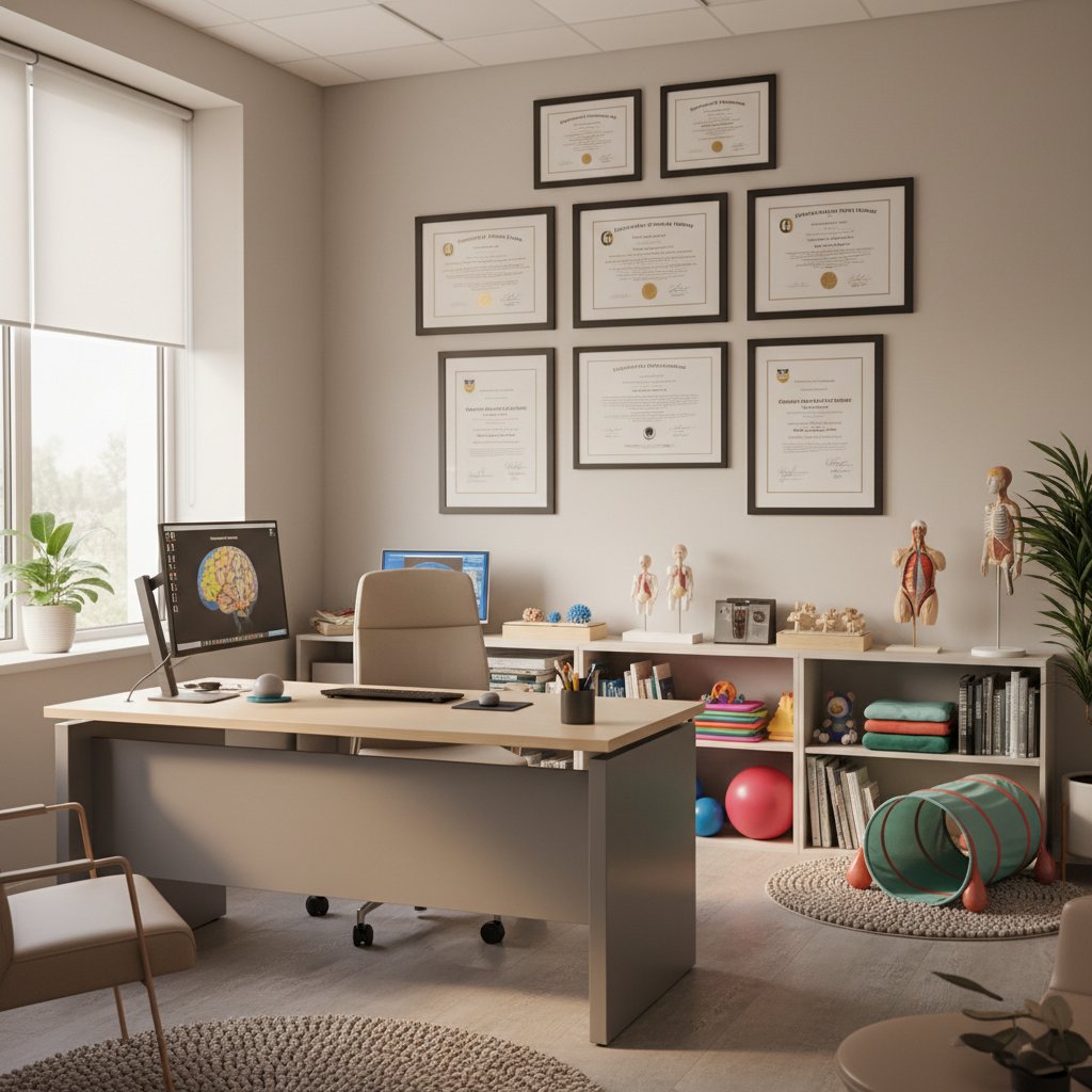 Terapeuta SI prowadzący zajęcia w profesjonalnym gabinecie z certyfikatami