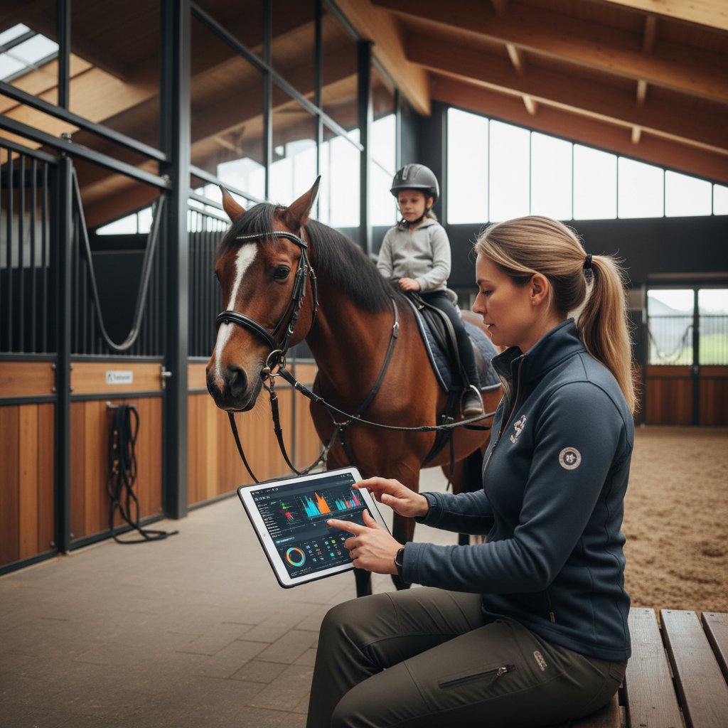 Terapeuta analizuje dane z sesji hipoterapii na tablecie, koń w tle, nowoczesna stajnia