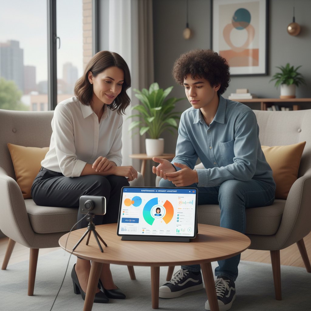 Terapeuta i młoda osoba podczas sesji, z wyświetlonymi danymi AI analizującymi emocje pacjenta