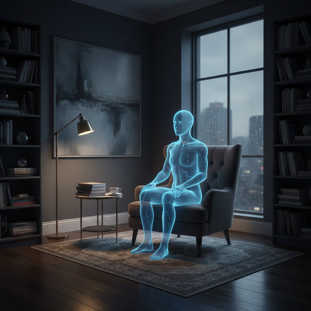 Zabytkowy fotel terapeuty i nowoczesny monitor z AI w ciemnym gabinecie