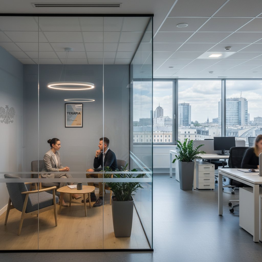 Terapeuta i klient oddzieleni szklaną ścianą w nowoczesnym gabinecie