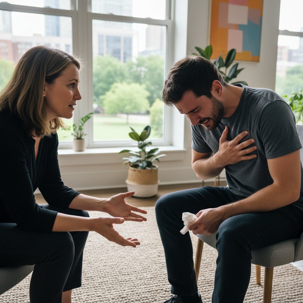Terapeuta i klient siedzący naprzeciw siebie, wyraźne emocje i skupienie na twarzach, atmosfera autentyczności i napięcia