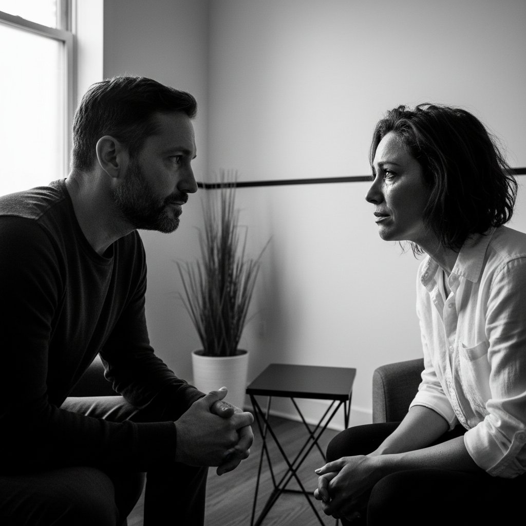 Terapeuta i klient patrzący sobie intensywnie w oczy podczas sesji w minimalistycznym gabinecie – autentyczność i empatia jako sedno psychoterapii humanistycznej