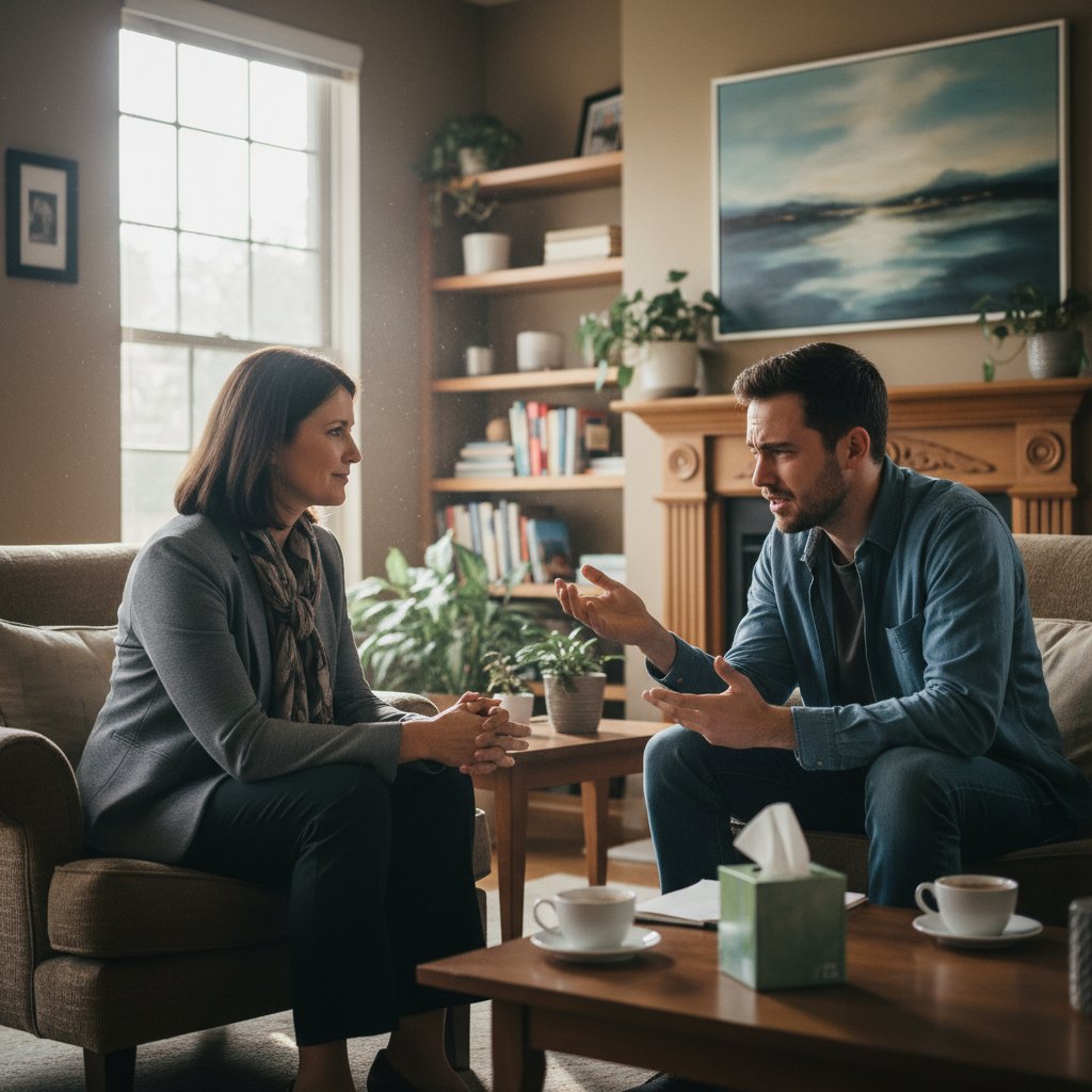 Sesja terapeutyczna z elementem konfrontacji, para i terapeuta w skupionej rozmowie