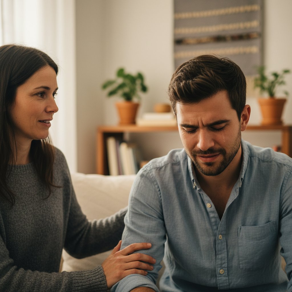 Zbliżenie na terapeuta i klienta w trakcie eksperymentu hakomi, wyrazistość emocji