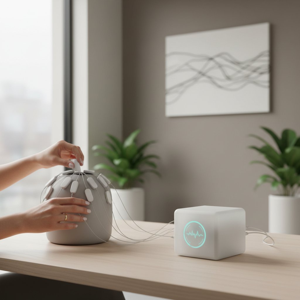 Zbliżenie na rękę terapeuty obsługującego nowoczesny sprzęt EEG w minimalistycznym gabinecie