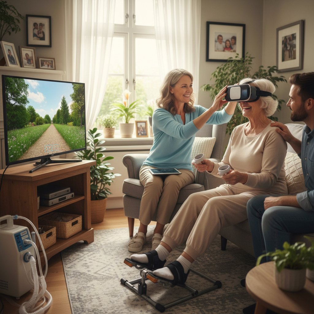 Terapeuta pomagający seniorowi podczas rehabilitacji VR w domu pacjenta