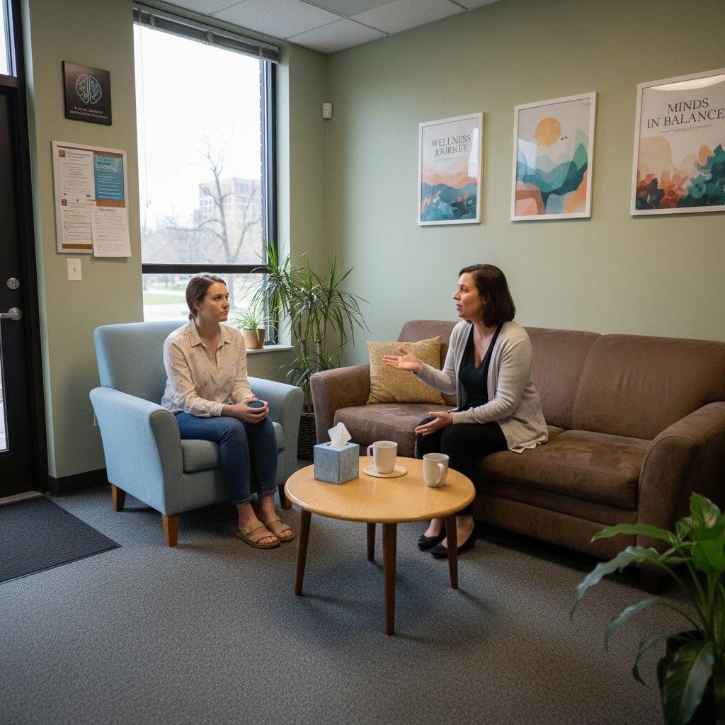 Gabinet terapeutyczny, terapeuta rozmawiający z pacjentem – doświadczenia pacjenta NFZ