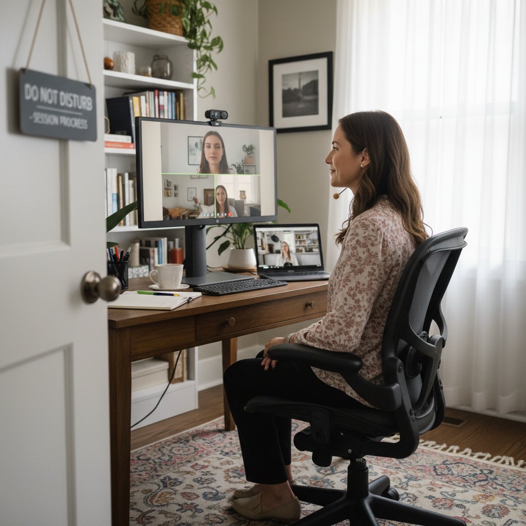 Psychoterapeuta online, osoba rozmawiająca przez laptop w domowym otoczeniu, słowa kluczowe: terapia online, psychoterapeuta