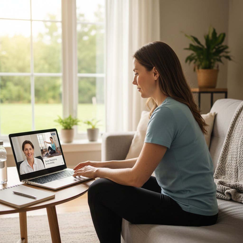 Terapeuta prowadzący sesję online na laptopie, osoba w domowym otoczeniu, ekran z widocznymi ćwiczeniami