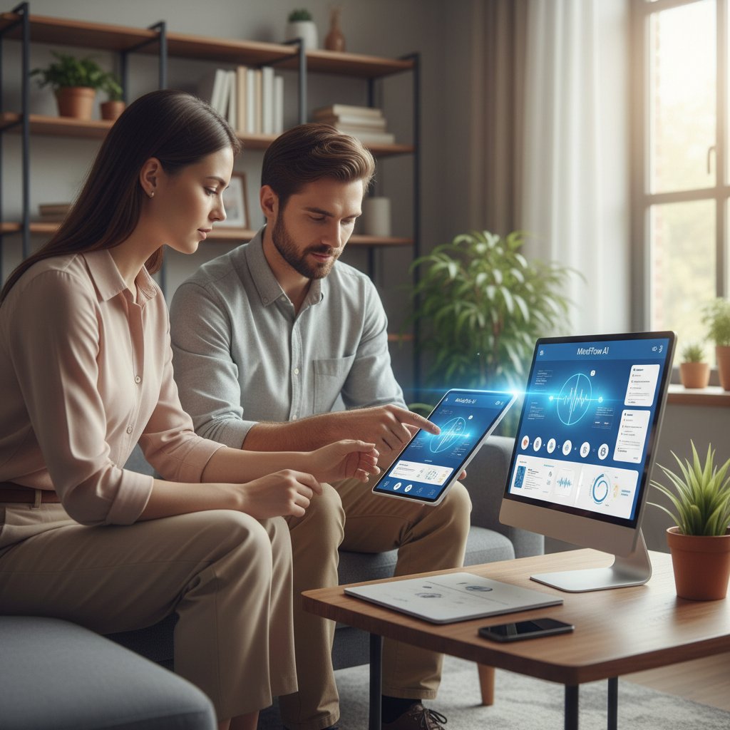 Terapeuta i pacjent korzystający z aplikacji AI, symbol wsparcia cyfrowego w zdrowiu psychicznym