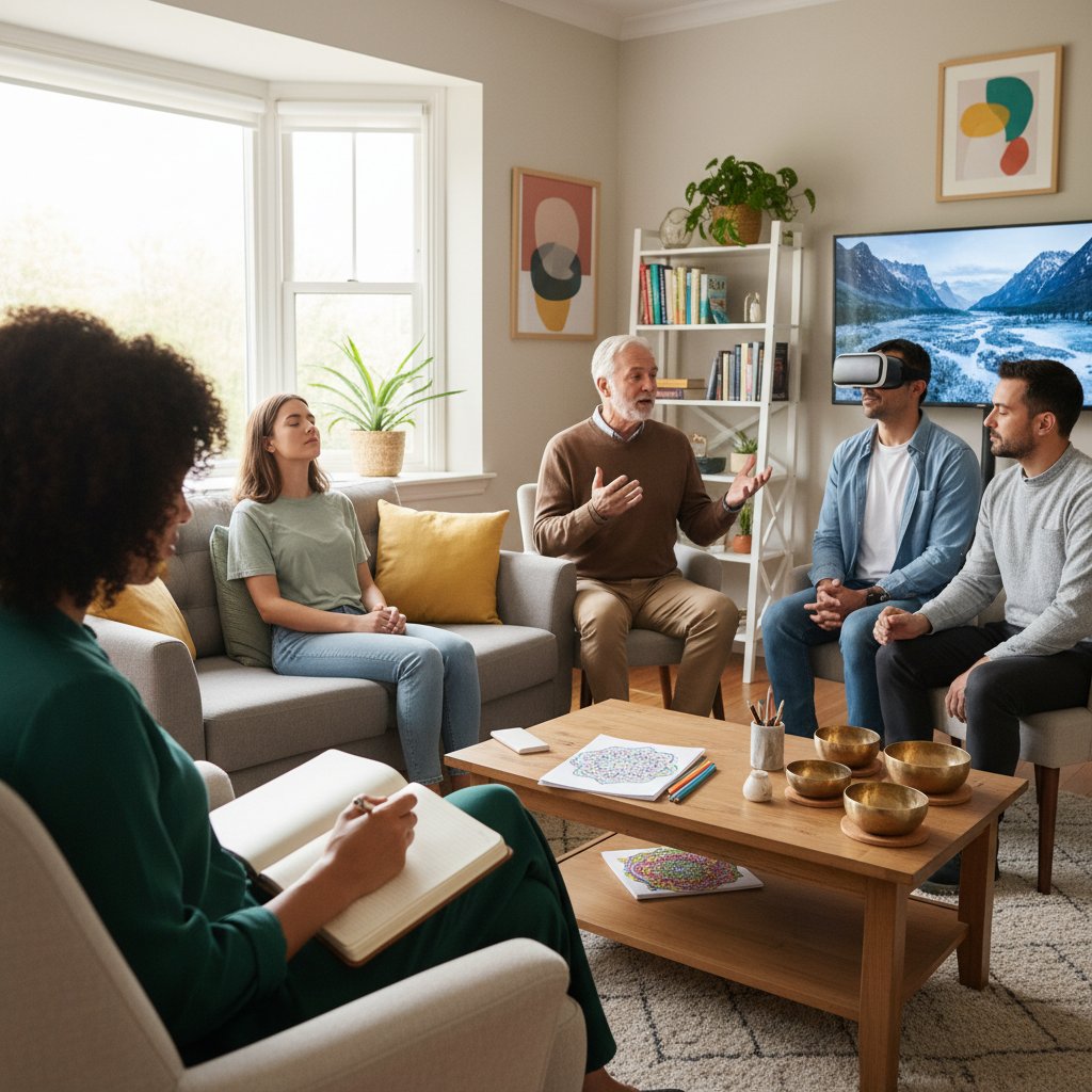 Sesja terapeutyczna z terapeutą notującym przy oknie — różnorodność podejść w psychoterapii