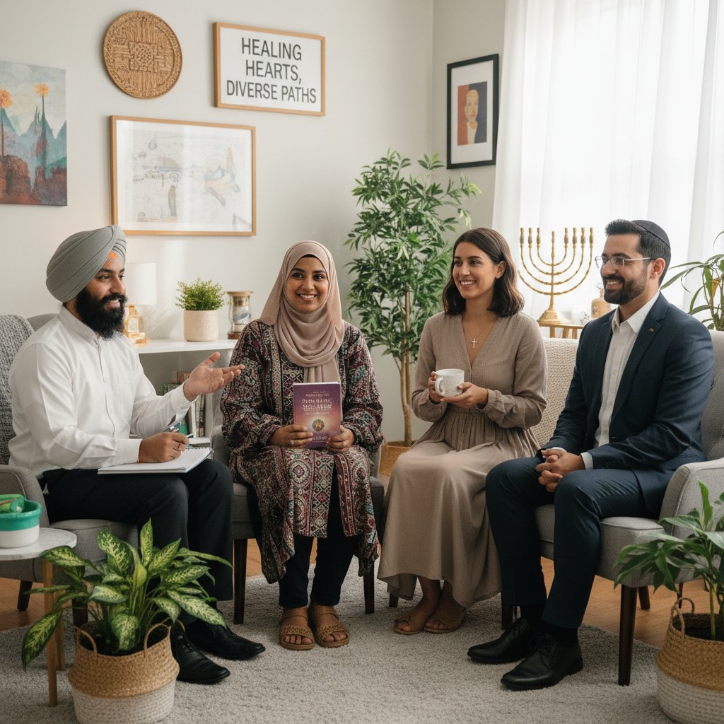 Zdjęcie: Kolaż kilku terapeutów z różnych środowisk, symbolizujący różnorodność podejść do religii