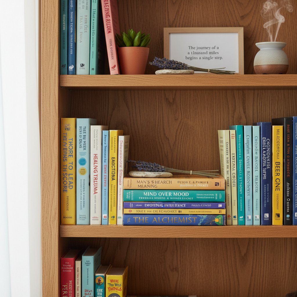 Zdjęcie regału z różnorodnymi książkami terapeutycznymi – słowa kluczowe: wybór książek, biblioterapia, literatura terapeutyczna