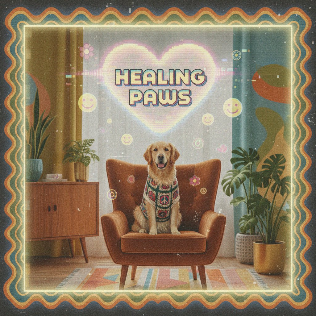 Historia terapii ze zwierzętami w kontraście z cyfrowym światem – artystyczna scena retro z psem i nowoczesnym overlayem