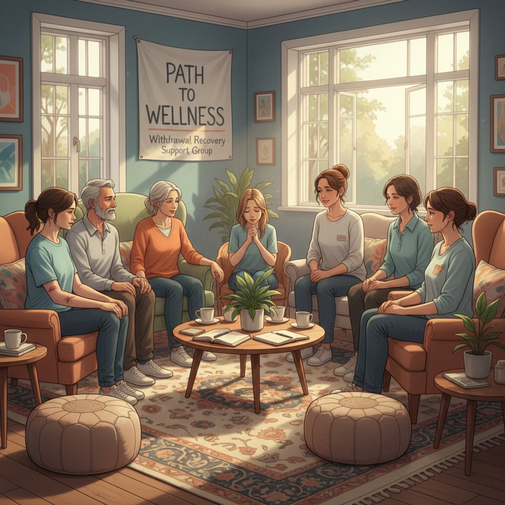 Grupa terapeutyczna siedząca w kręgu, rozmowa i wsparcie