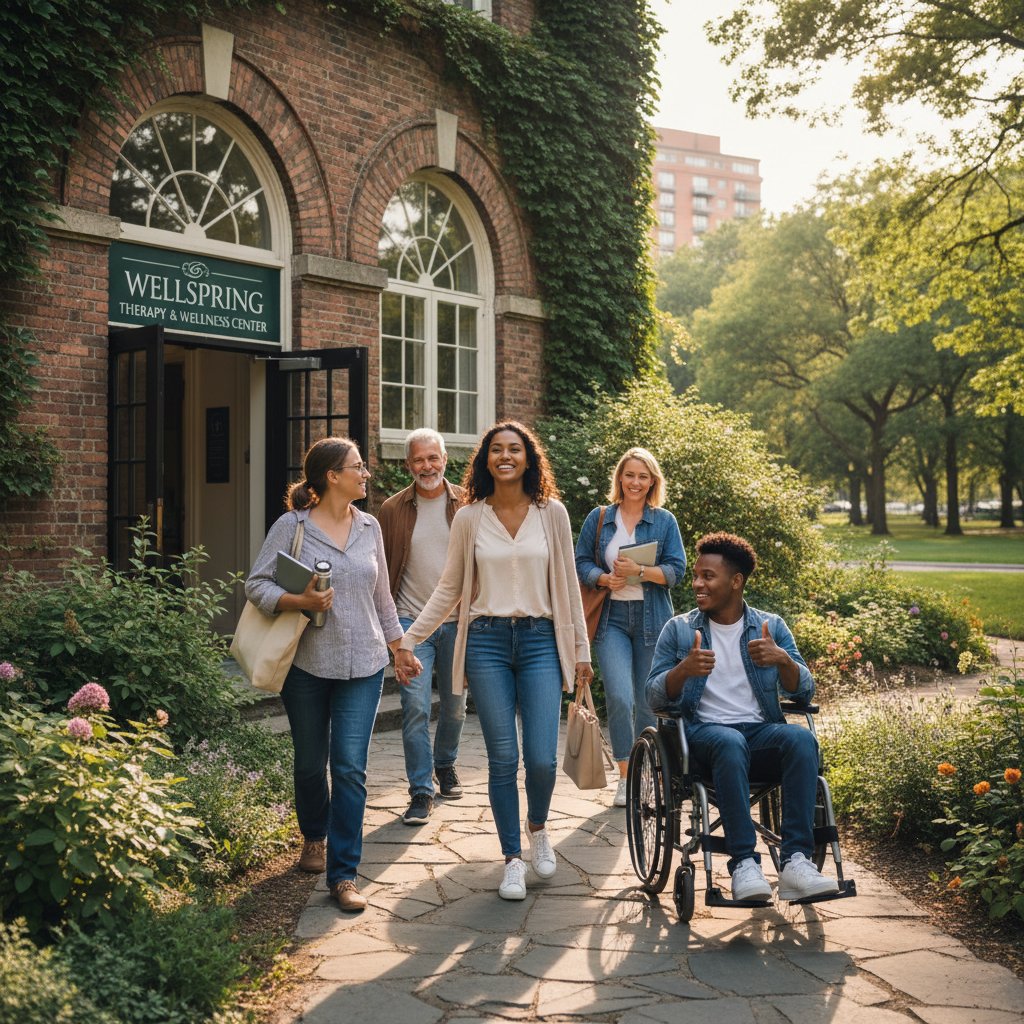 Osoba uśmiechnięta, wychodząca z grupy terapeutycznej po sesji, promieniejąca nadzieją