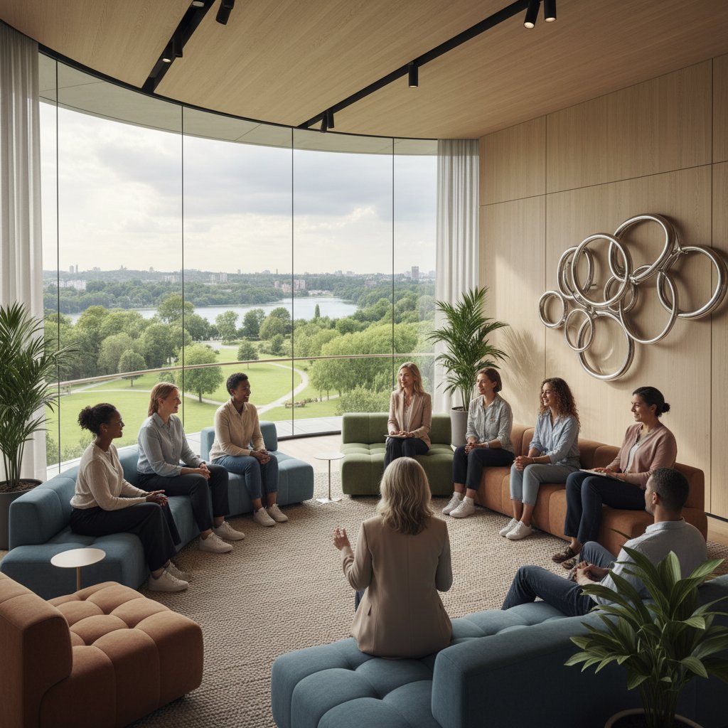 Grupa terapeutyczna podczas warsztatów, nowoczesny wystrój, różnorodność uczestników, inspirująca atmosfera