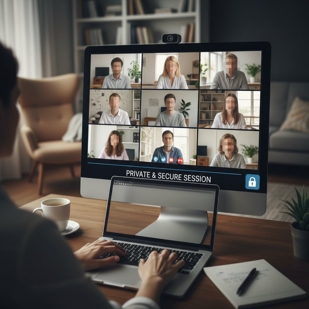 Osoba uczestnicząca w terapii online, komputer i zasłonięte okno dla prywatności