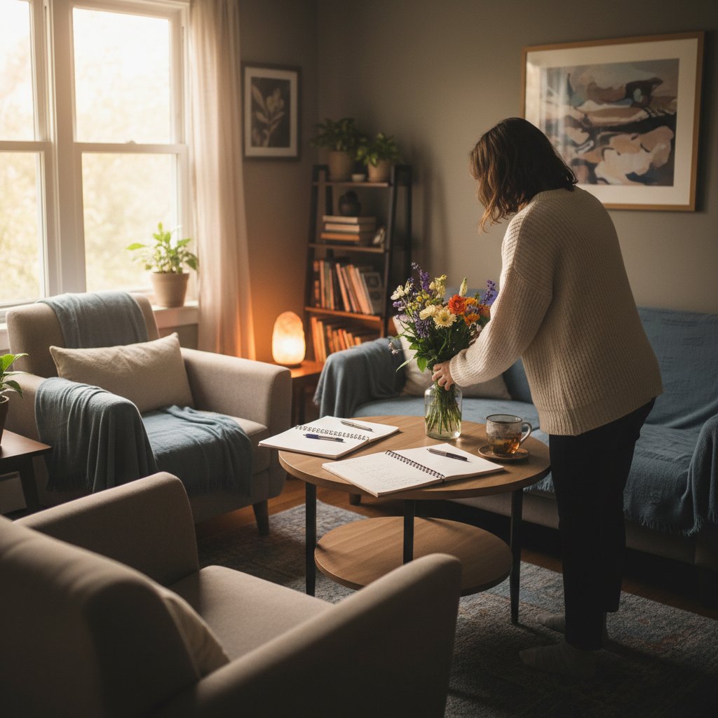 Gabinet terapeutyczny – notatki na stole, spokojna atmosfera, osoba przygotowująca się do sesji