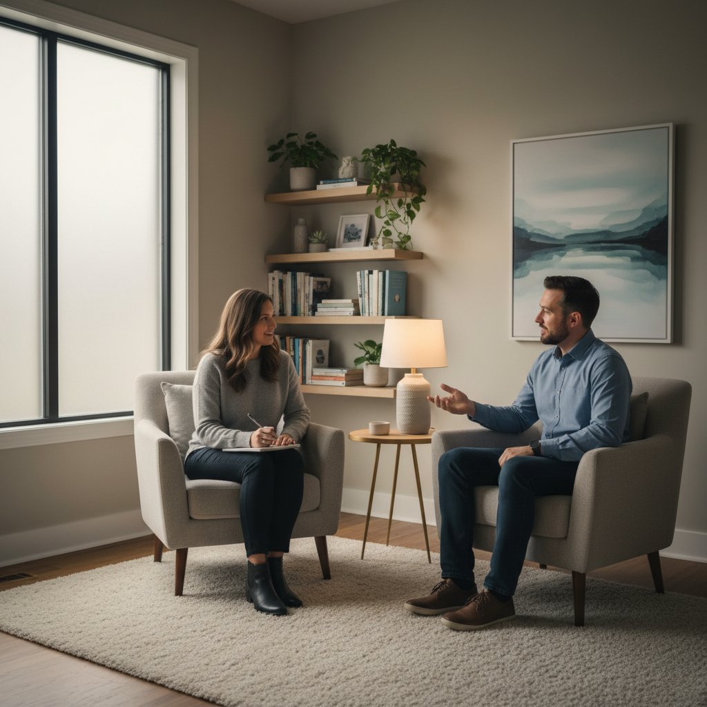 Gabinet terapeutyczny – stonowane światło, dwie osoby rozmawiające, początkowe napięcie