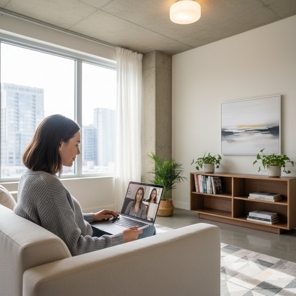 Osoba uczestnicząca w terapii online, laptop, nowoczesny polski apartament