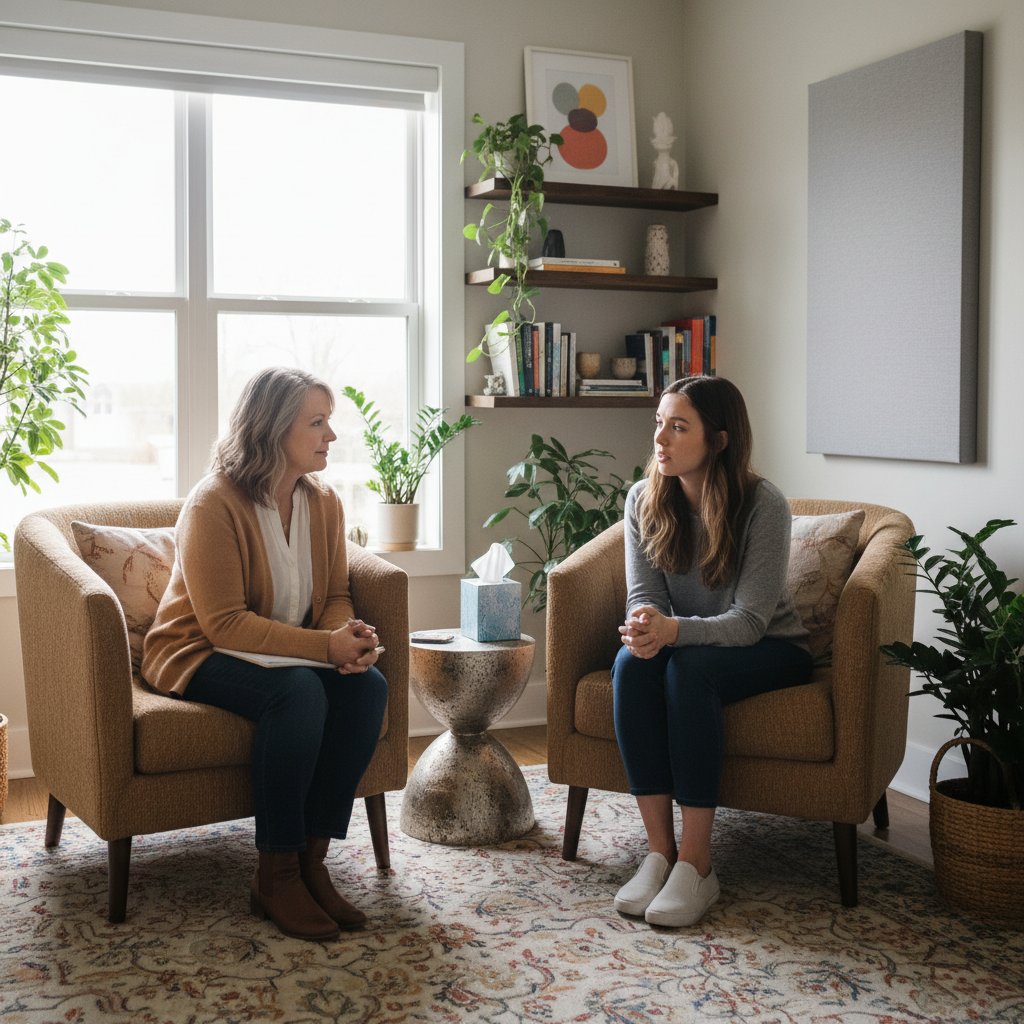 Gabinet terapeutyczny podczas trwania sesji psychoanalitycznej, fotel i kozetka w centrum