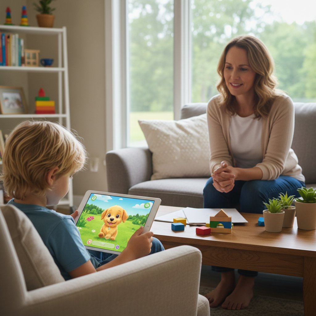 Terapia z użyciem aplikacji pies symulator codziennych spacerów, dziecko z tabletem i dorosły terapeuta