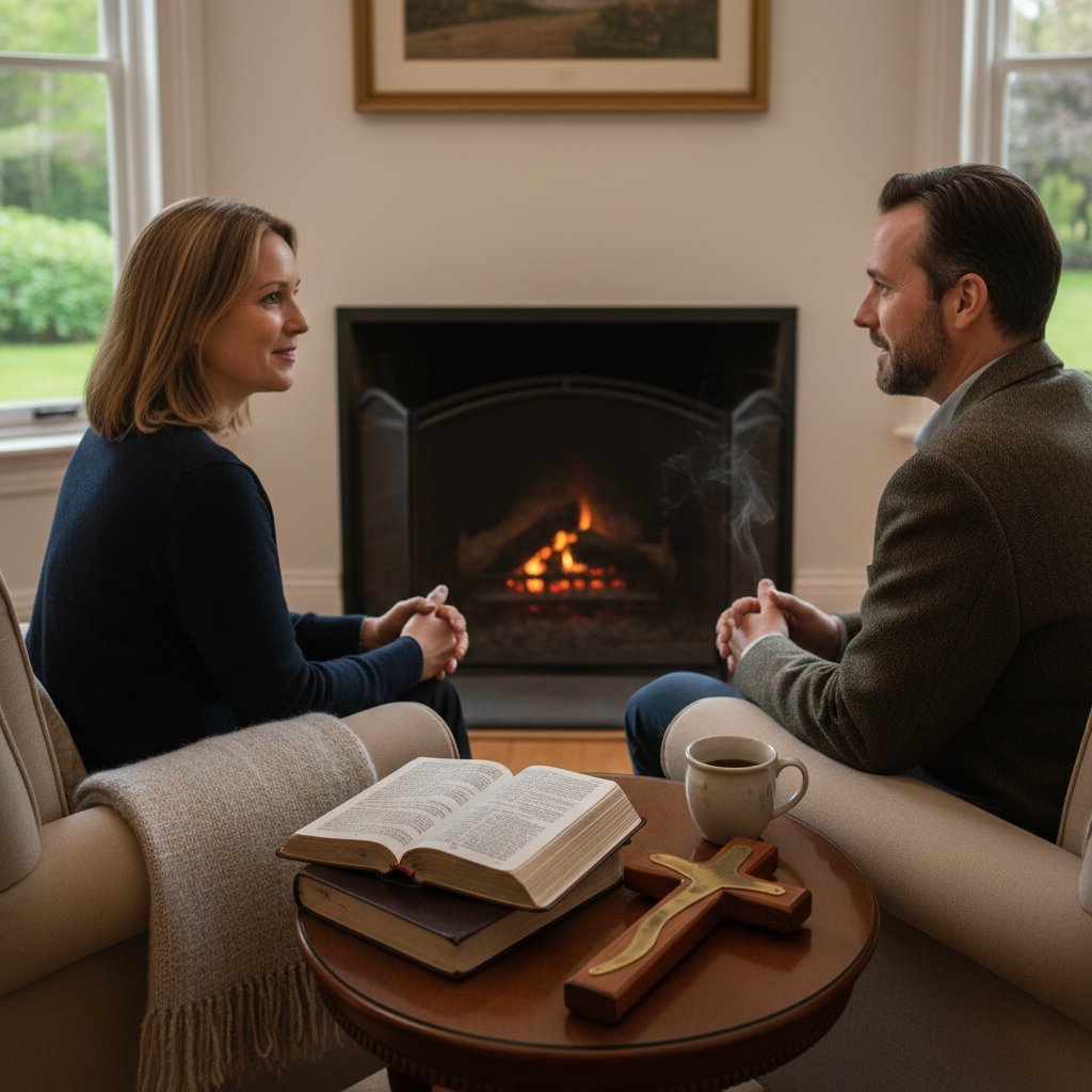 Zdjęcie: Sesja terapeutyczna z widocznym krzyżem i modlitewnikiem na stole – obraz integracji duchowości z psychoterapią