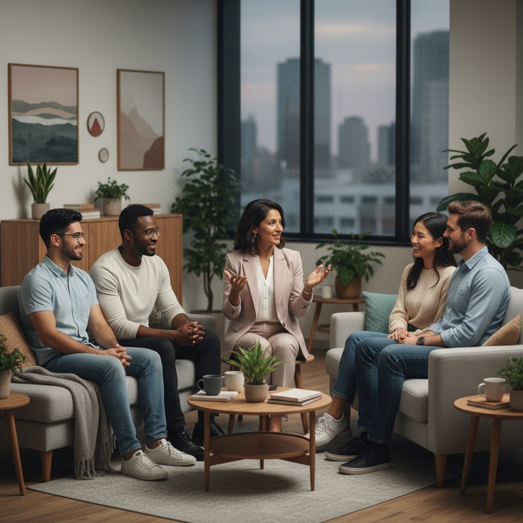 Sesja terapeutyczna w nowoczesnym gabinecie, różnorodne pary, otwartość i zaufanie