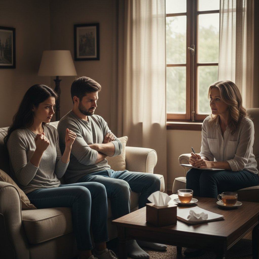 Para podczas pierwszej sesji terapii, intensywne emocje i napięcie