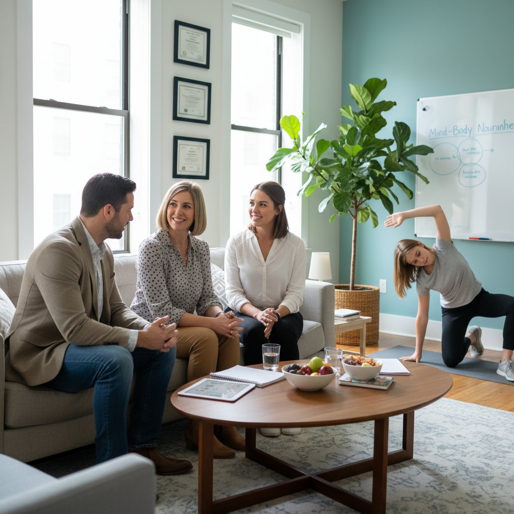 Spotkanie terapeutyczne w przyjaznym gabinecie, symbolizujące interdyscyplinarne leczenie anoreksji nervosa