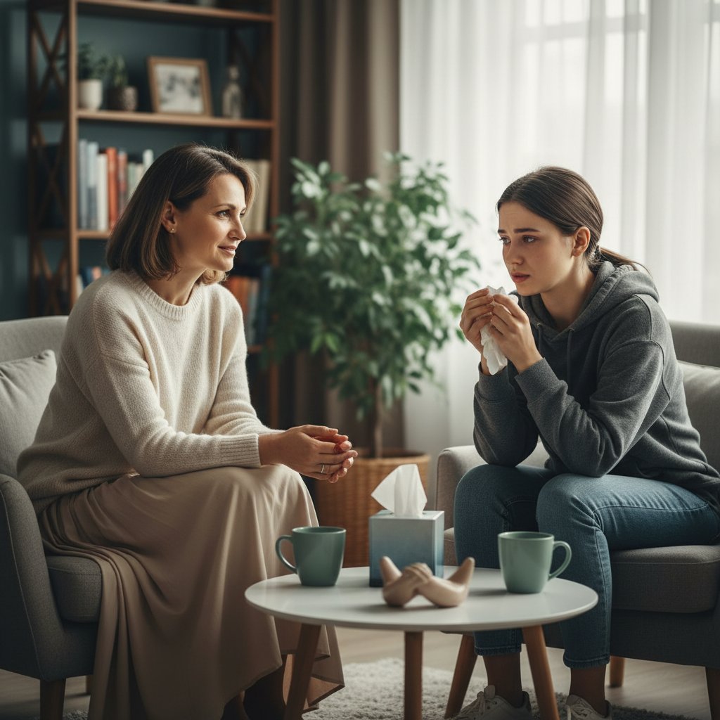 Bliska relacja terapeuta-pacjent przy rozmowie – psychoterapia po rozstaniu, emocje, wsparcie