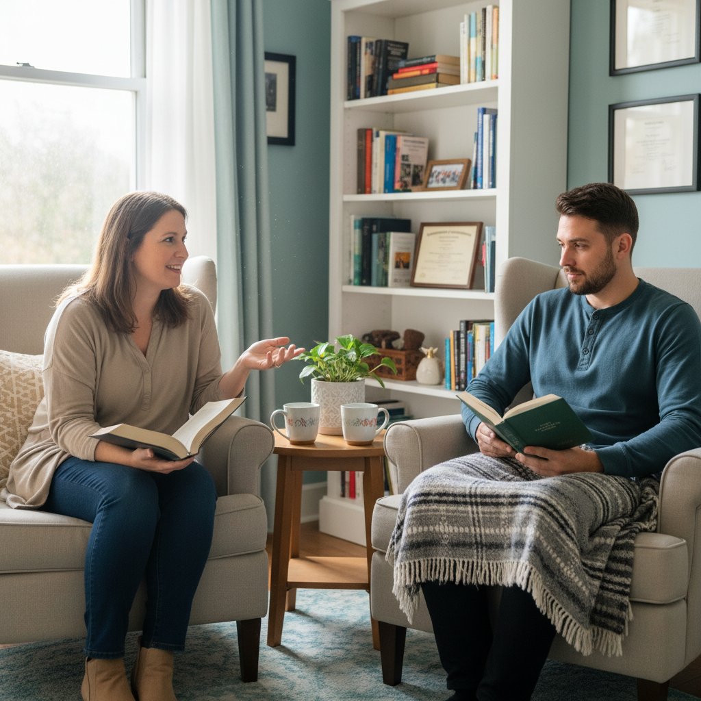 Zdjęcie terapeuty i pacjenta podczas sesji z książką – słowa kluczowe: sesja biblioterapeutyczna, terapia przez czytanie