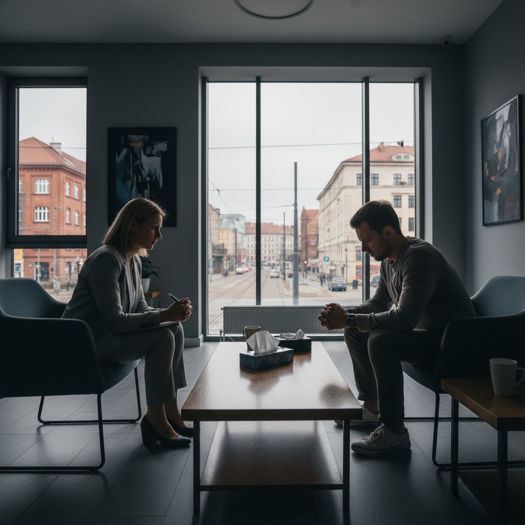 Dwoje ludzi podczas szczerej rozmowy w gabinecie terapeutycznym, napięcie na twarzach, urbanistyczne wnętrze, konfrontacja terapeutyczna