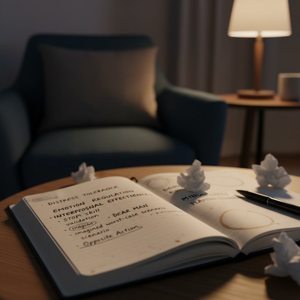 Notatki z sesji DBT u polskiego terapeuty, kluczowe pojęcia mindfulness podkreślone na kartce