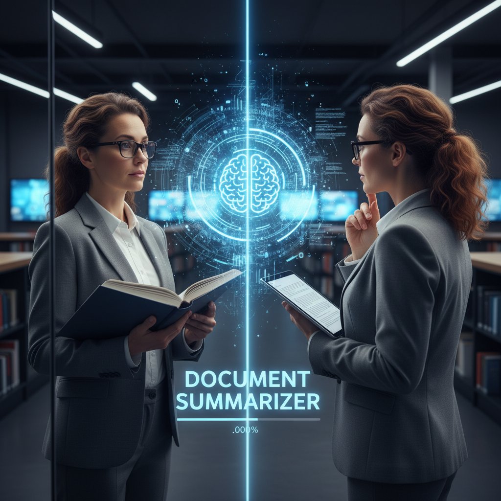 Thoughtful academic reflected in a digital mirror, capturing document summarizer for academic professionals transformation