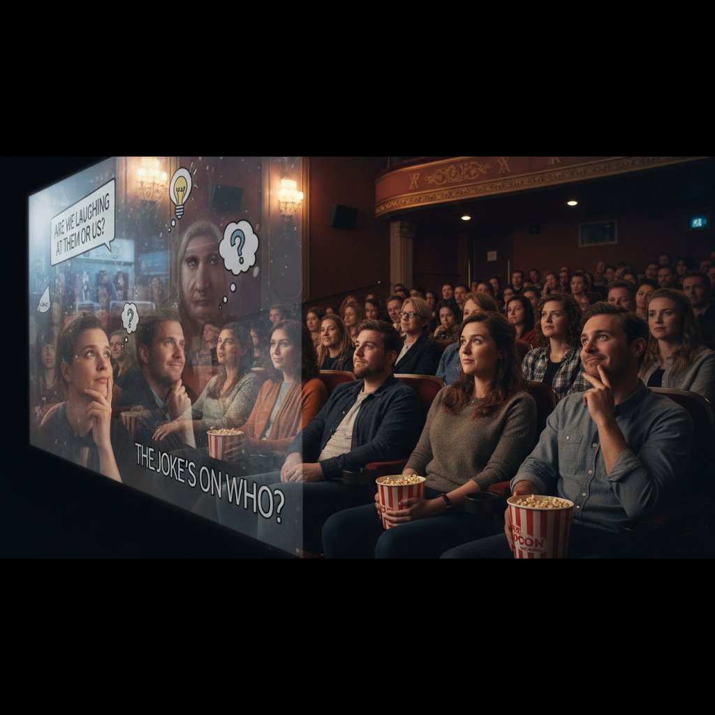 Photo of a thoughtful audience watching a movie, reflecting on the deeper meaning of self-aware comedy