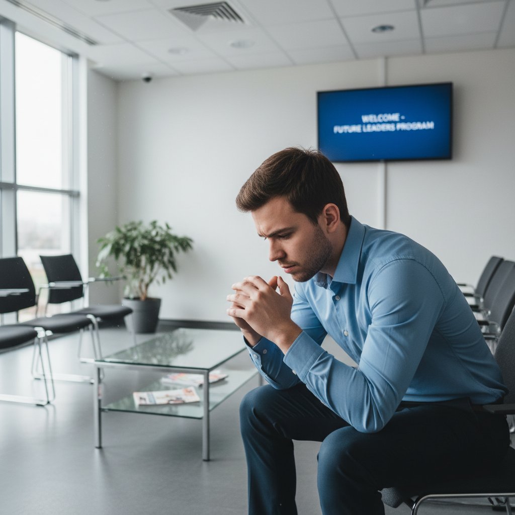 Kandydat w poczekalni, wyraźnie przejęty i zamyślony, rekrutacja, emocje
